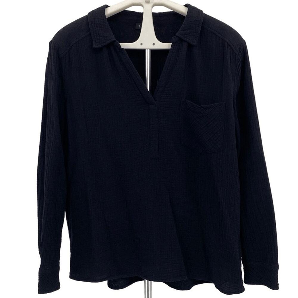 1. State Black Cotton Collared Split Neck Long Sl… - image 1